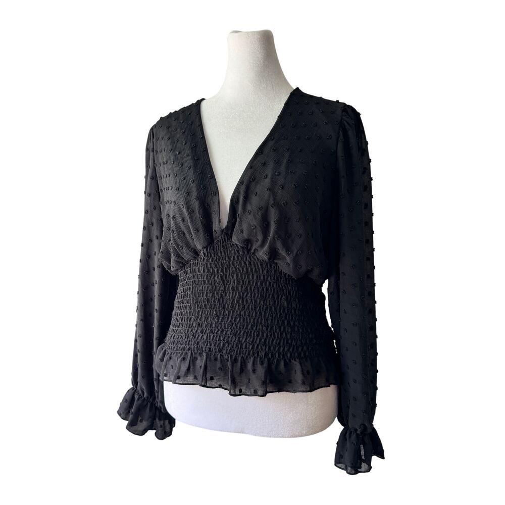 Wild Love Black Smocked Deep V-Neck Long Sleeve Blouse